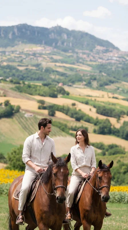 Passeggiata a cavallo nel paesaggio collinare romagnolo con vista su San Marino