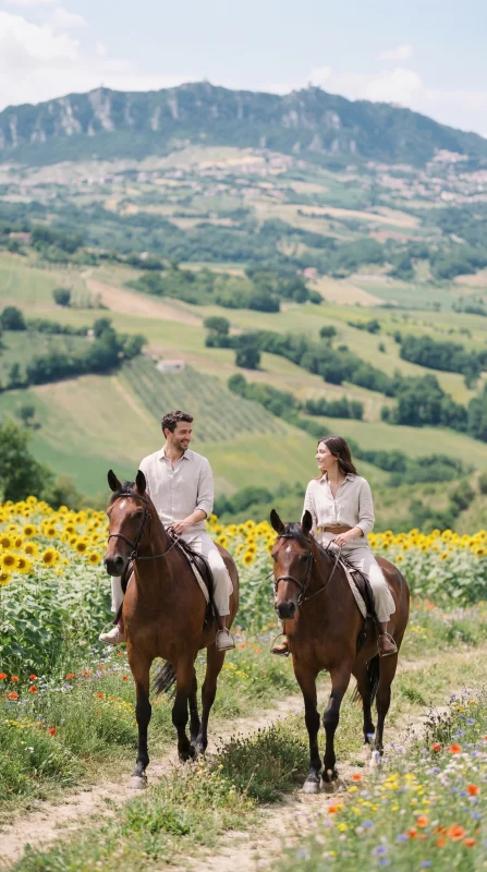 Cavalcata tra campi fioriti con vista sui colli romagnoli e San Marino