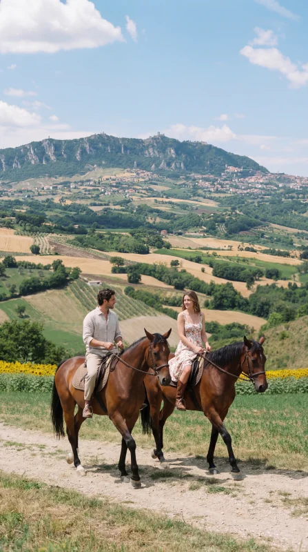 Passeggiata a cavallo nelle colline romagnole con vista su San Marino