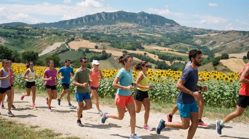 Running nella campagna romagnola con vista su San Marino