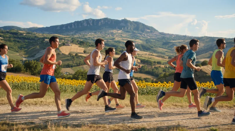 Corsa tra i girasoli con vista su San Marino