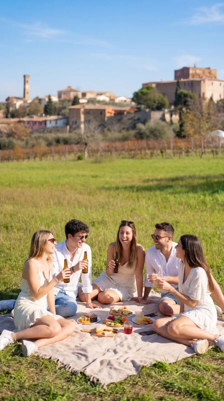 Picnic tra amici con vista sul borgo storico di Santarcangelo di Romagna e i vigneti romagnoli