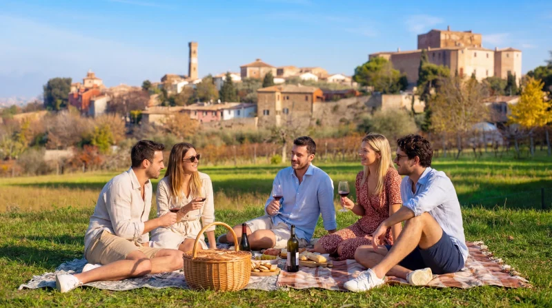 Picnic con vista sul borgo storico di Santarcangelo di Romagna e vigneti