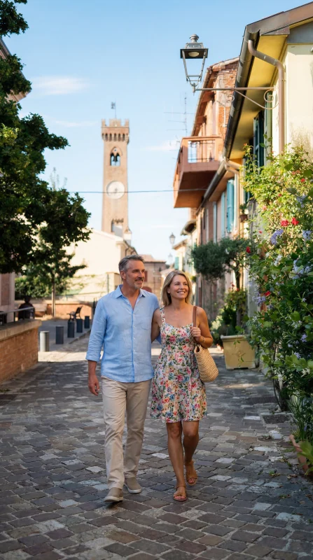 Passeggiata nel borgo storico di Santarcangelo di Romagna con vista sulla Torre Campanaria