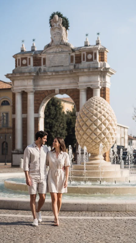 Coppia in visita all’Arco Ganganelli e alla Fontana della Pigna a Santarcangelo di Romagna