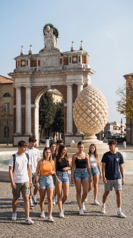 Giovani in Piazza Ganganelli a Santarcangelo di Romagna con la Fontana della Pigna