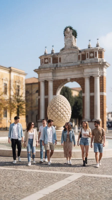 Gruppo di amici passeggia presso l’Arco Ganganelli a Santarcangelo di Romagna