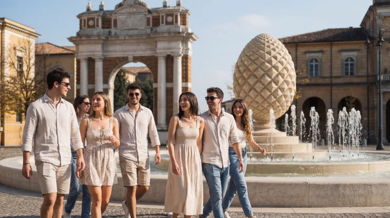 Gruppo di amici tra l’Arco Trionfale e la Fontana della Pigna a Santarcangelo di Romagna