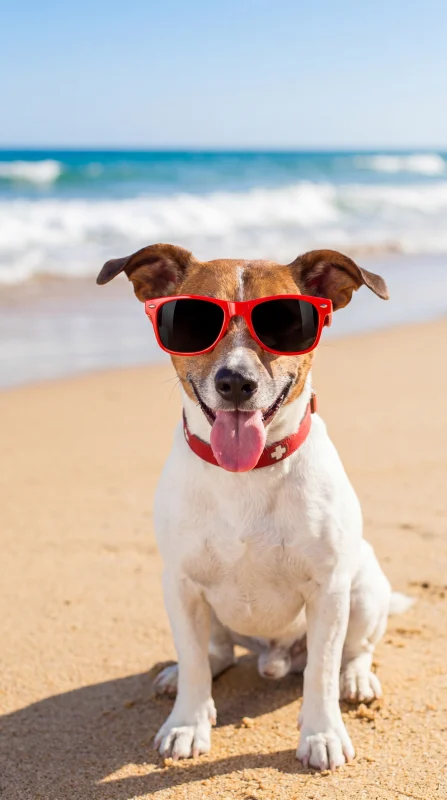 Cane con occhiali da sole in spiaggia sulla Riviera Romagnola