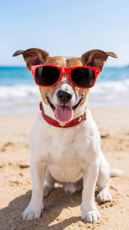 Cane Jack Russell con occhiali da sole su una spiaggia di Rimini