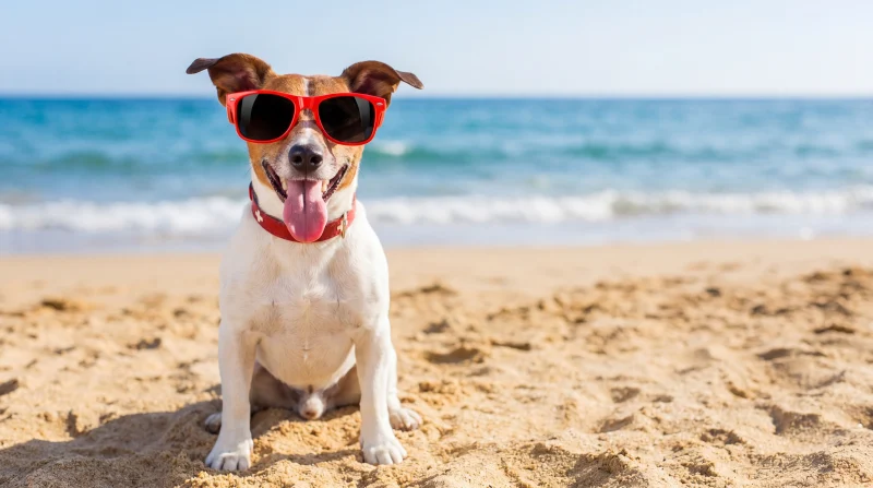 Cane con occhiali da sole su una spiaggia della Riviera Romagnola
