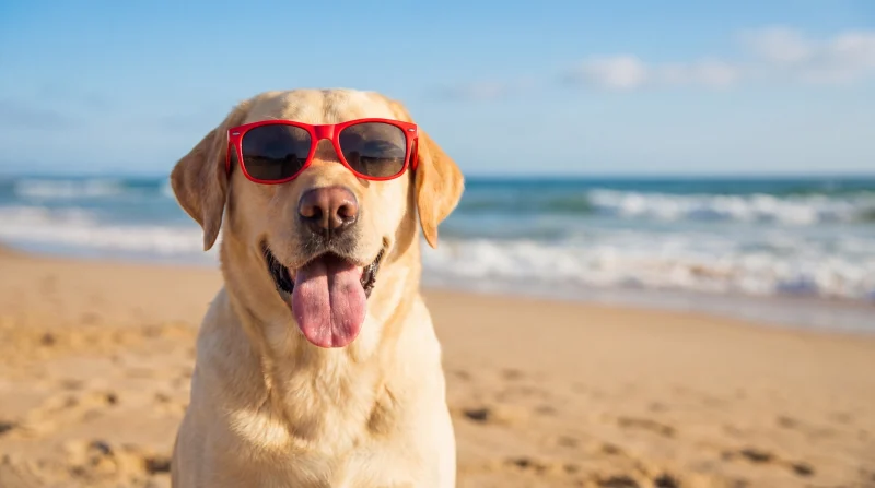 Cane Labrador in spiaggia a Rimini con occhiali da sole