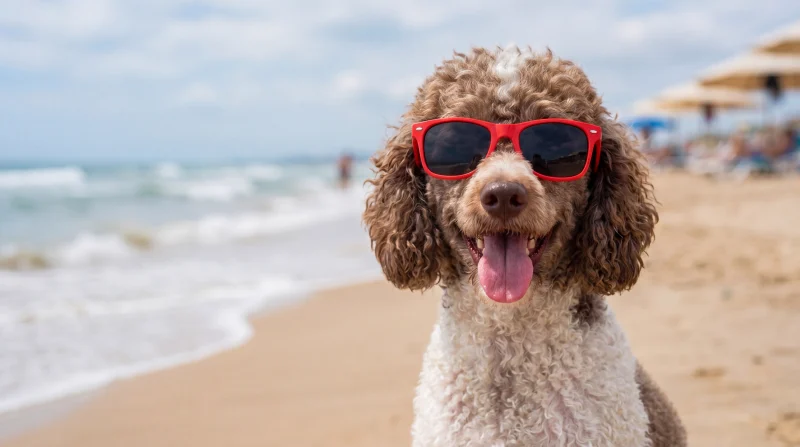 Un cane alla moda si gode la spiaggia sulla Riviera Romagnola