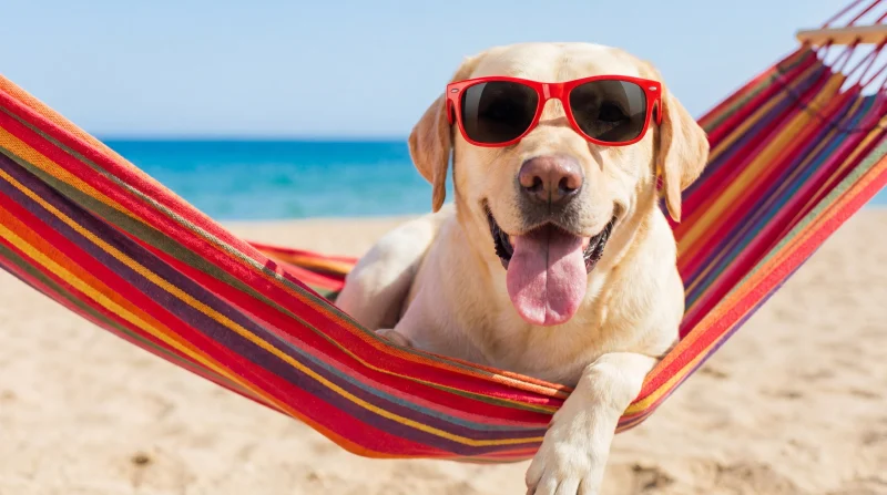 Labrador con occhiali da sole in amaca sulla spiaggia di Rimini