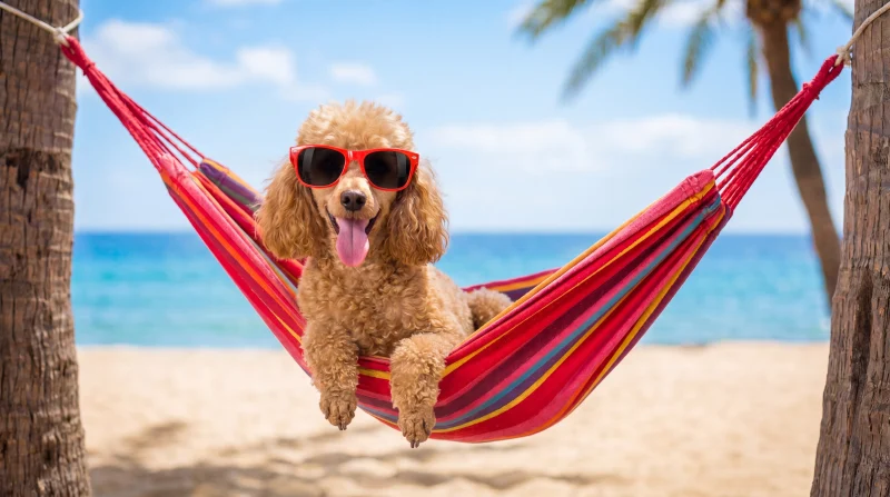Cane in amaca in spiaggia a Rimini