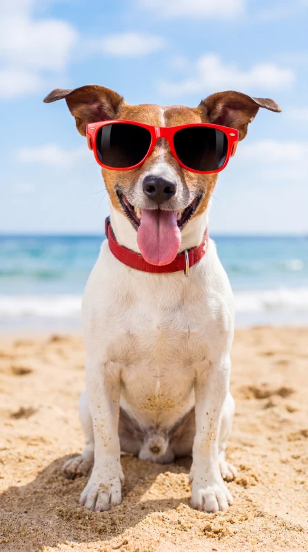 Cane Jack Russell Terrier con occhiali da sole in spiaggia a Rimini
