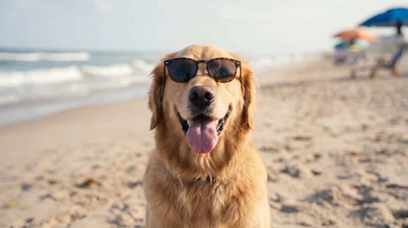 Golden Retriever con occhiali da sole in spiaggia a Rimini