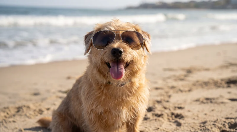 Cane con occhiali da sole in spiaggia a Rimini