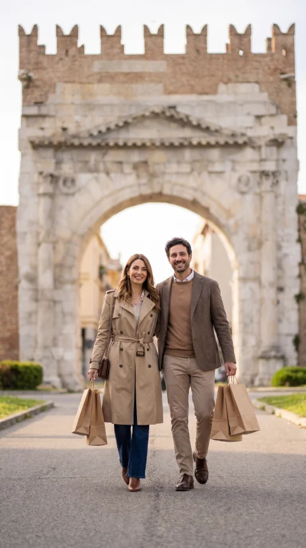 Coppia con shopping davanti all’Arco d’Augusto a Rimini