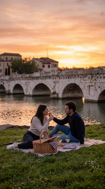 Picnic al tramonto sul lungofiume di Rimini con vista sul Ponte Tiberio