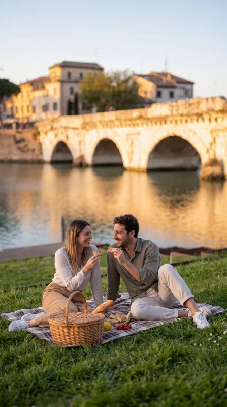 Picnic romantico al Ponte Tiberio a Rimini al tramonto