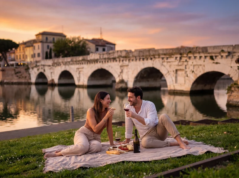 Picnic romantico al tramonto con vista sul Ponte Tiberio a Rimini
