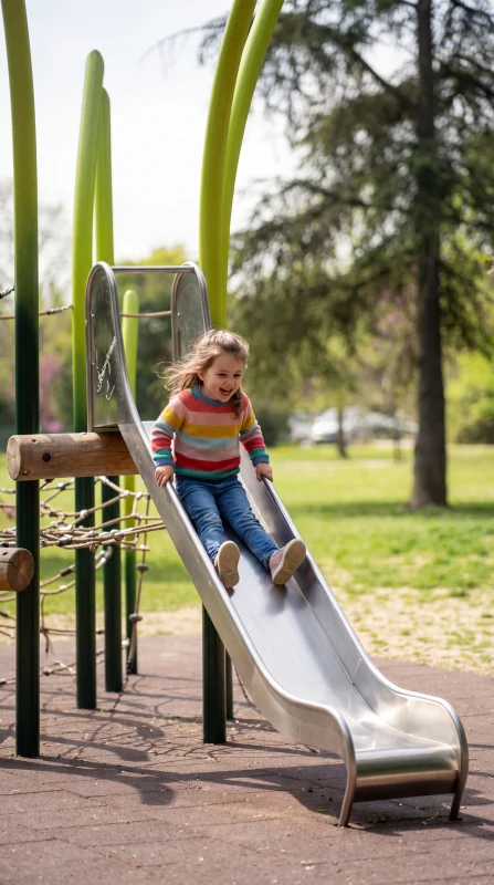 Bambina Gioca Felice su uno Scivolo al Parco di Rimini