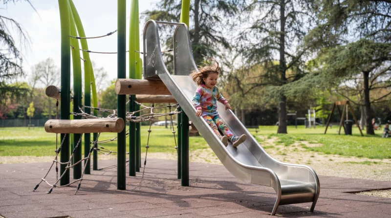 Bambina che gioca su uno scivolo in un parco pubblico di Rimini