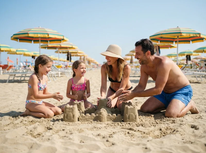 Famiglia felice sulla spiaggia di Rimini, sulla Riviera Romagnola