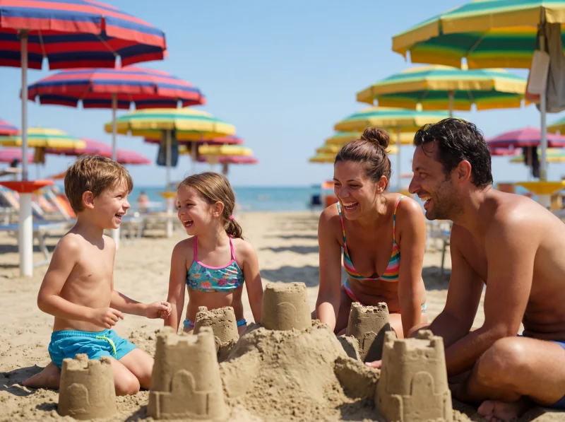 Famiglia sulla spiaggia della Riviera Romagnola
