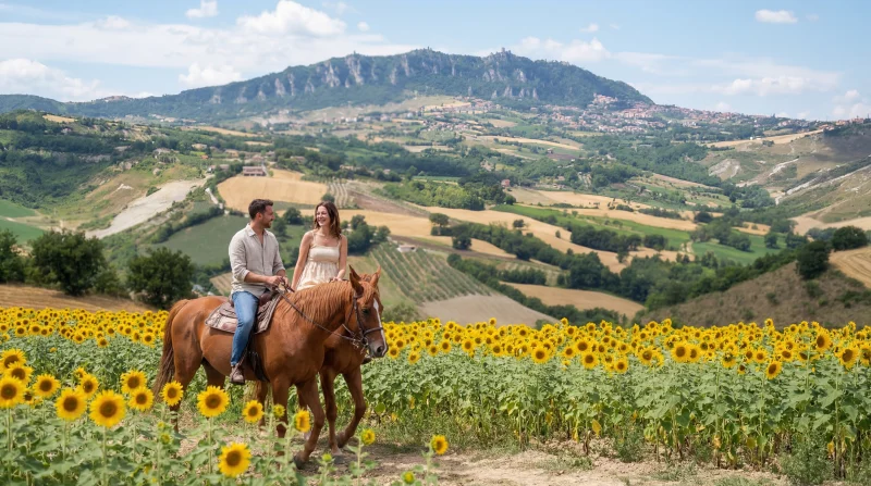 Passeggiata a cavallo nella campagna romagnola con vista su San Marino