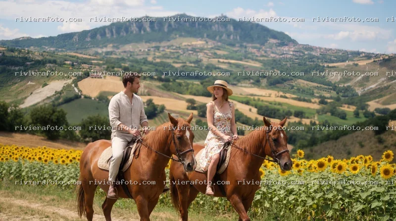 Passeggiata a cavallo nella campagna romagnola con vista su San Marino