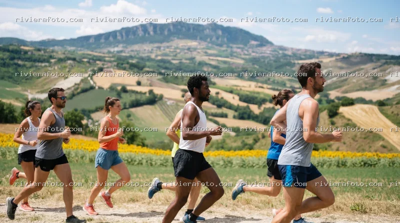 Corsa tra i campi con vista panoramica su San Marino