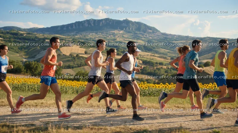 Corsa tra i girasoli con vista su San Marino