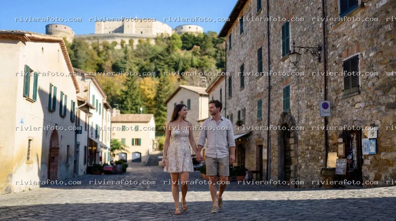 Coppia passeggia nel borgo medievale di San Leo con la Fortezza sullo sfondo