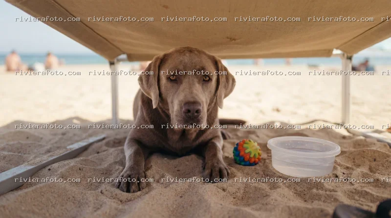Labrador al riparo sulla spiaggia della Riviera Romagnola a Rimini