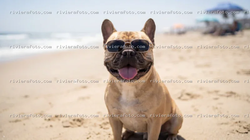 Bulldog Francese con occhiali da sole in spiaggia a Rimini