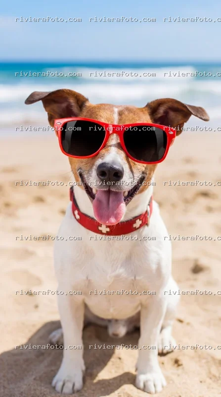 Un Jack Russell con occhiali da sole in spiaggia a Rimini