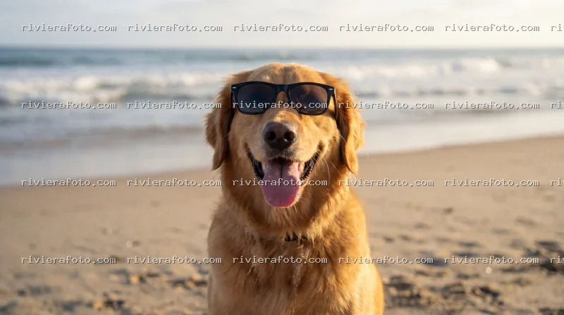 Golden Retriever con Occhiali da Sole sulla Spiaggia di Rimini