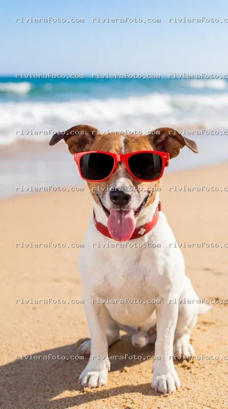 Cane con occhiali da sole in spiaggia sulla Riviera Romagnola