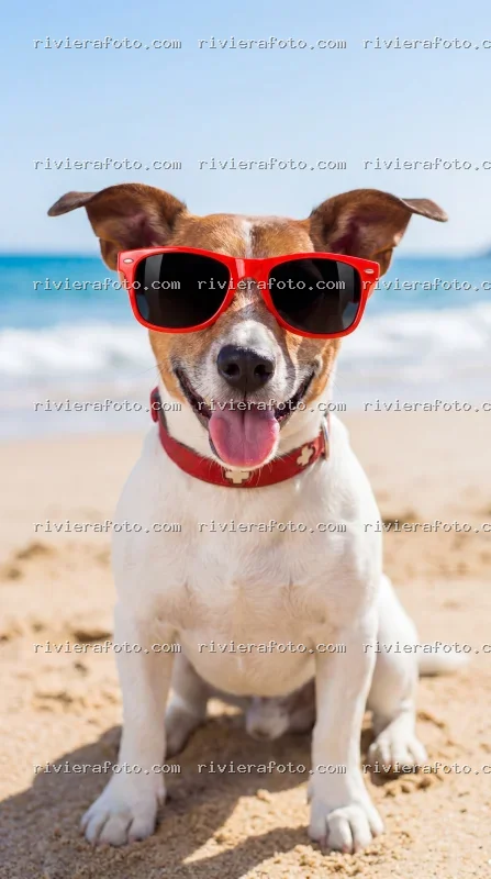 Cane Jack Russell con occhiali da sole su una spiaggia di Rimini