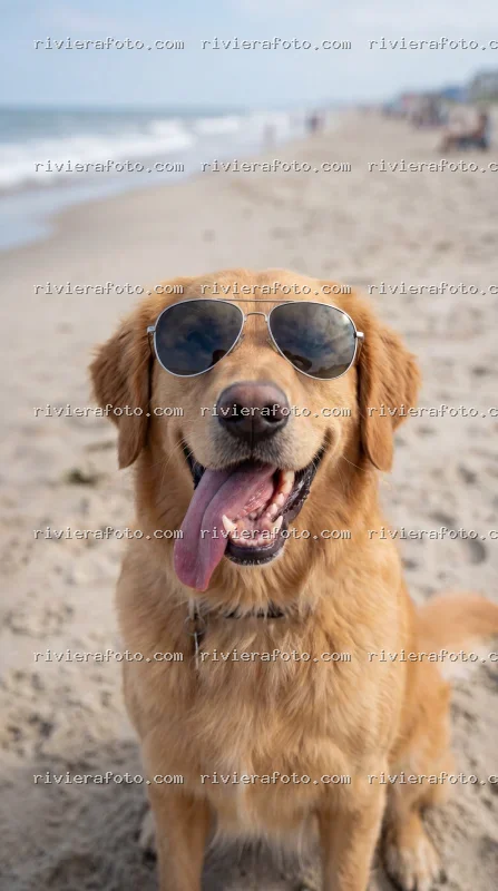 Un Golden Retriever con occhiali da sole sulla spiaggia di Rimini