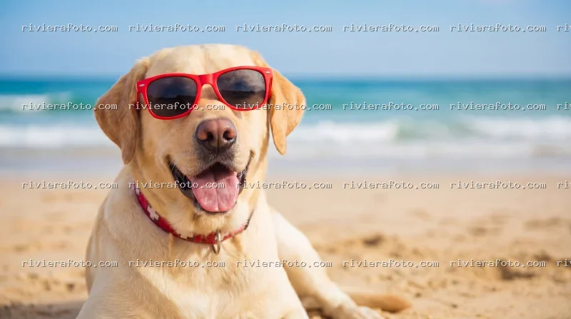 Cane Labrador con occhiali da sole sulla spiaggia di Rimini