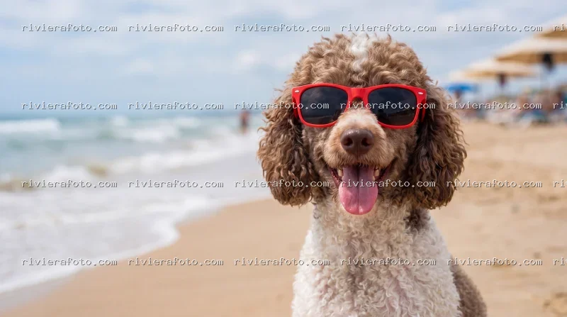 Un cane alla moda si gode la spiaggia sulla Riviera Romagnola