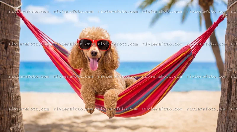 Cane in amaca in spiaggia a Rimini