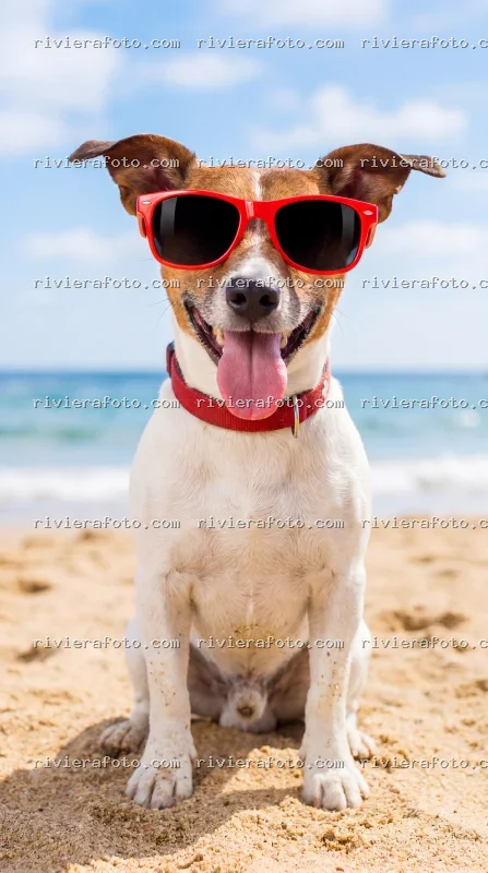 Cane Jack Russell Terrier con occhiali da sole in spiaggia a Rimini