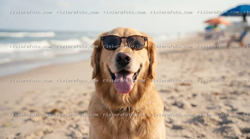 Golden Retriever con occhiali da sole in spiaggia a Rimini