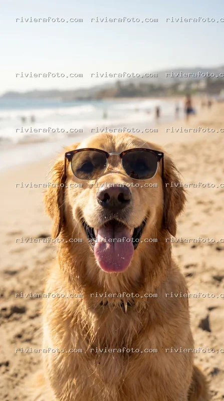 Cane Golden Retriever con occhiali da sole sulla spiaggia di Rimini