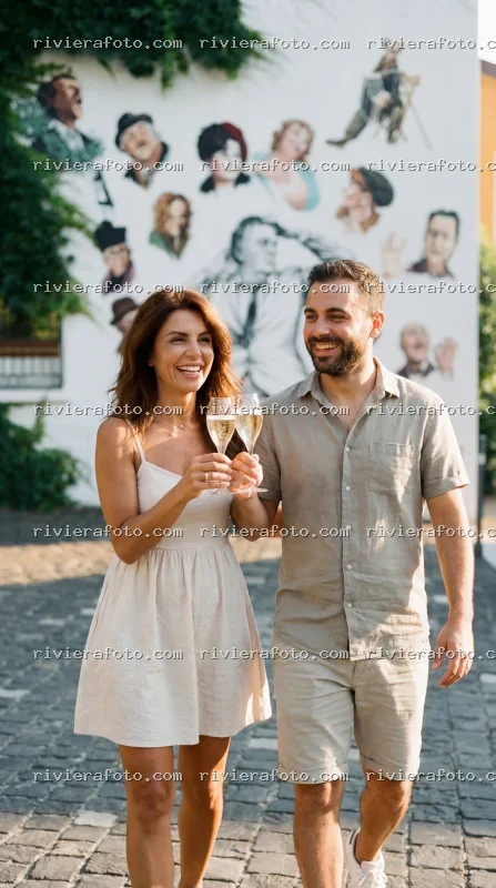 Brindisi di coppia con murale artistico sulla Riviera Romagnola