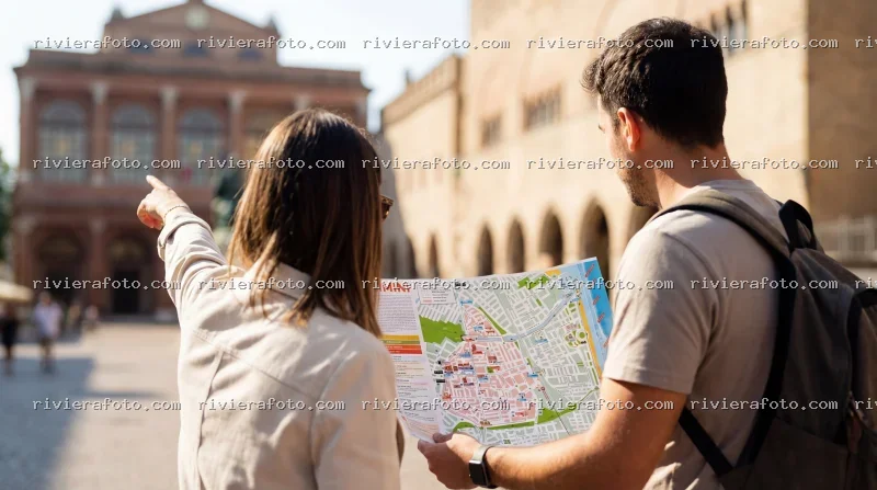 Turisti con mappa nel centro storico di Rimini